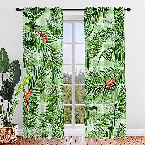 Odot Cortinas Visillos Salon Translucidas con Estampado de Hoja de Palma Verde, Cortina para Ventana Dormitorio Cocina Moderno Decorativa con Ojales, 2 Piezas (Plantas Tropicales 1,132x160cm)