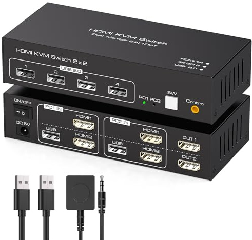 TJCXELE Commutateur KVM 4K30Hz HDMI KVM Switch 2 PC 2 Monitor USB 2.0 pour Dual Ordinateurs Partager& 4 Périphériques USB Prise en Charge du Mode Etendu/Copie avec Câbles USB&Contrôleur de Bureau