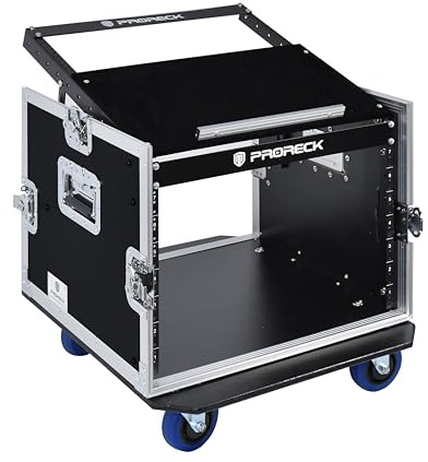 PRORECK 8U Rack/Road Case With Slant Mixer Top, And Casters, 20'' Rackable Depth, Plywood, 8U Installation Size, Pro Stage Performance.