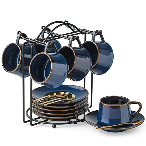 YHOSSEUN Espresso Cups Set of 6, 4 OZ Expresso Shots Cup with Sacuers, Spoons, and Metal Stand, Ceramic Coffee Espresso Cups for Mother's Day, Espresso Accessories for Machine, Blue