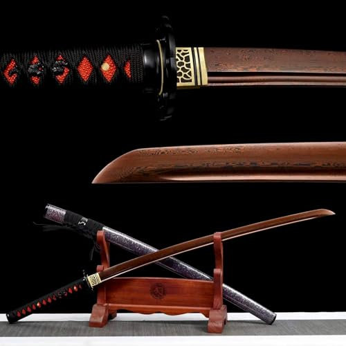 Traditionelles Schmiedeverfahren Katana,Klinge aus Musterstahl,Scheide aus massivem Holz mit Sprühfarbe,Echtes Samurai-Schwert für Kendo-Training,Cosplay,Dekor,Sammeln,Geschenke,Ausstellen,Kampfsport