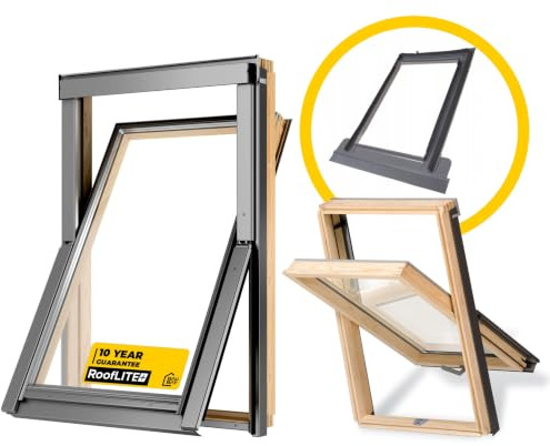 Ventana de techo de madera de 78 x 98 cm, fabricada por RoofLITE+ (VELUX Gruppe) | Ventana con acristalamiento triple | incluye marco para tejas (hasta 50 m + juego de aislamiento y conexión) + marco