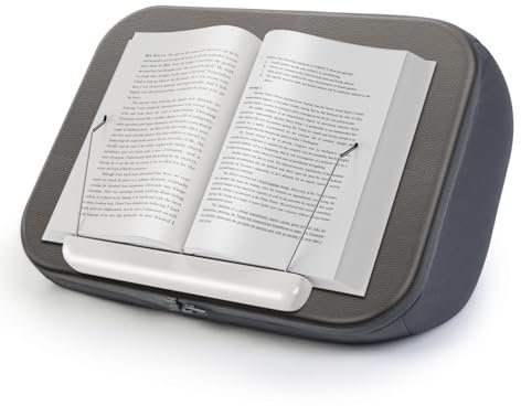 Elitehood Support de livre pour lire au lit, mains libres, coussin doux pour lecture, magazines, Kindle, tablette, ordinateur portable/lit/canapé/bureau, Gris, Plastique et Daim, Pupitre incliné