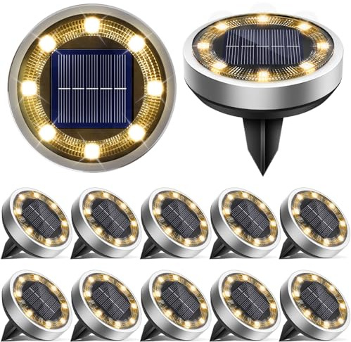 vighep Solar Lights Outdoor Garden, 12 Pack Super Bright Led Solar Ground Lights, IP65 Waterproof Disk Light, Flat Pathway Lighting for Garden Lawn Patio Deck Walkway Landscape-Warm White