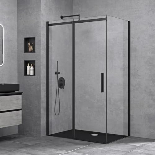 doporro Cabine de Douche Transparent 90x140cm avec Bac à Douche Porte Coulissante Paroi de Douche Rectangulaire en Angle Hauteur 195cm Montage Réversible Ravenna18K Schwarz