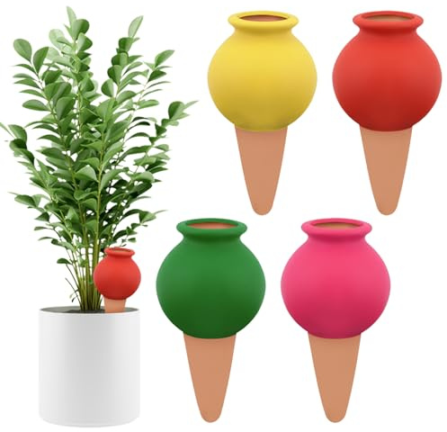 Kalolary Pack de 4 Conos Autoriego en Terracota, Globos Decorativos para Riego de Plantas - Sistema Automático de Riego para Plantas de Interior y Exterior (Botellita de vino)