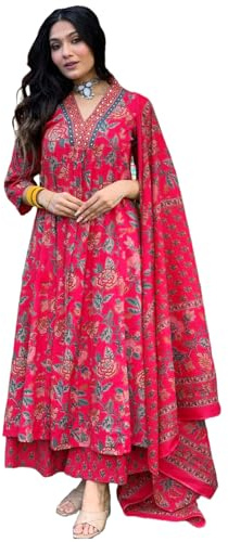 GoSriKi Women's Rayon Viscose Printed Anarkali Kurta with Palazzo & Dupatta, Pink, L