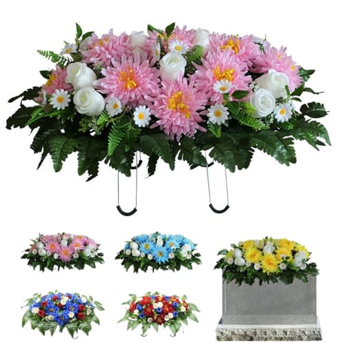 Künstliche Friedhofsblumen Sattel, Trauerfriedhof Grabstein Sattel Blumen, Grabschmuck Grabstein Blume Rote Chrysantheme, Ostern Weihnachtsstern Blumenstrauß für Gedenkstätte