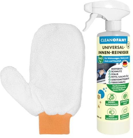 CLEANOFANT Innen-Reiniger Mikrobiologisch Duft Zitrone - mit Geruchsvernichter | Set 500 ml Spray + Reinigungshandschuh | Für Wohnwagen Wohnmobil Caravan