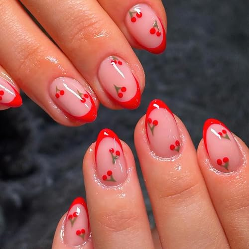 GlamRays 24 Uñas Adhesivas Francesas Rojas, Forma Ovalada, Cortas, Postizas, Dulce Rosa Nude, Cubierta Completa, Uñas Adhesivas, con Cereza Roja