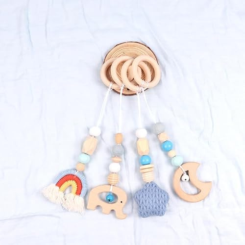 4 Stück Spielbogen Baby Spielzeug ab 0 Monate, Anhänger für Spielbogen, Baby Gym Spielzeug Charms Anhänger, Spielbogen Anhänger Holz für Neugeborenen Baby Shower Geschenk (28cm,Blau)