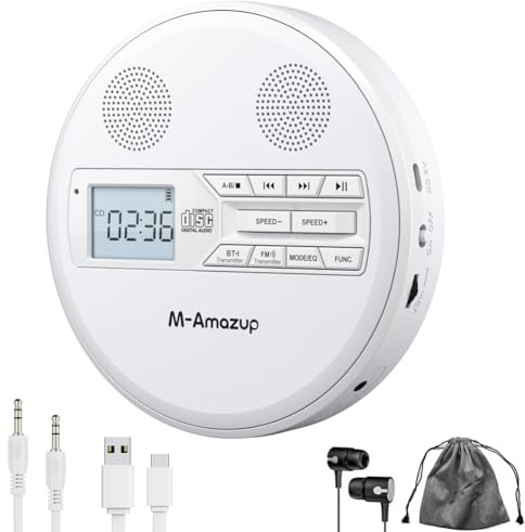 Duanthry Lettore CD Multifunzionale Discman con Bluetooth,Cuffie FM,Ripetitore Macchina di apprendimento,Altoparlante Stereo USB Bianco