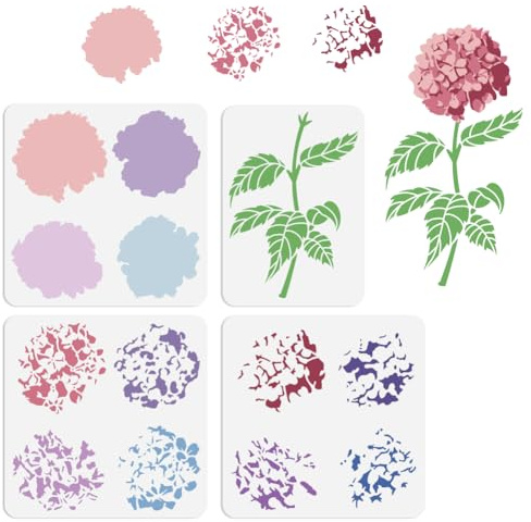 Doodlream Lot de 4 pochoirs réutilisables en forme de fleur d'hortensia pour peinture, art floral, modèles de dessin pour bois, mur, tissu, verre, toile, papier