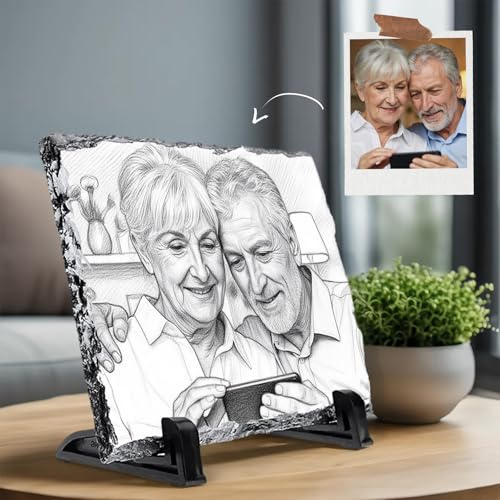 FELIZ TECNO Marco piedra de Fotos.Recuerdo Original. Regalo Personalizado con Foto-El estilo de Retrato Realista a Lápiz (generado por IA). (Retrato Realista a Lápiz, 19 x 14 cm (±1 cm))