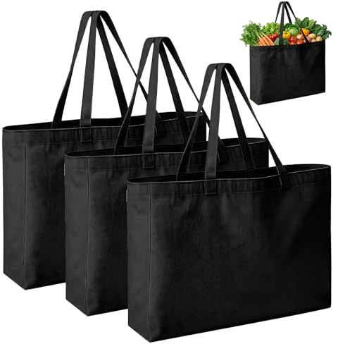 Hiuyavy 3Pcs Black Canvas Tote Bags, Cotton Canvas Plain Tote Bags with Handle, Eco Friendly Shoppers, Reusable Large Cotton Grocery Bag for Shopping Painting Embroidery - 45X35X8cm