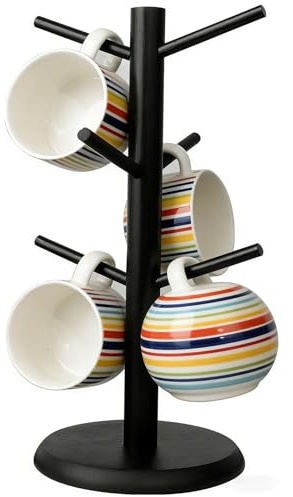 QyueQyat 6 Cups Mug Tree, Kitchen Countertop Cup Holder, Space-Saving Mug Storage Rack with Stable Base, Black Color with 16cm Diameter Storage Rack with 6 Hooks