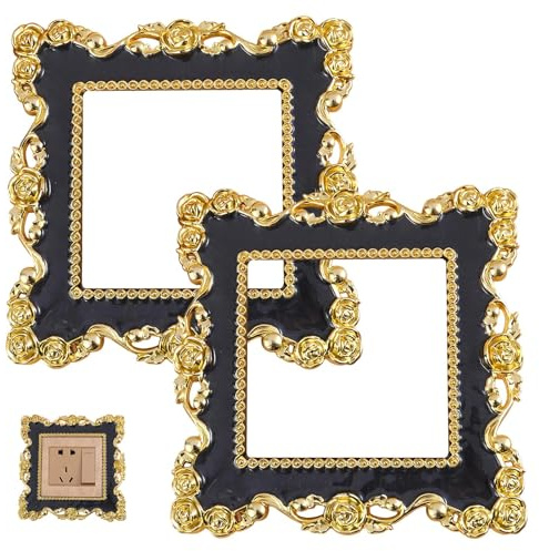 Light Switch Covers, Switch Plate Surrounds, 8.7x8.7cm Black and Gold 2Pcs | Scratch-Resistant Plastic Covers Are Durable, Self-Adhesive Backing Installs Tool-Free, Suitable for UK Standard Switches