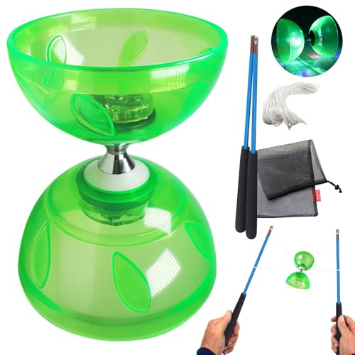 PLLYPE Diabolo Freiläufer mit Kugellager, LED Diabolo mit 3 Farben Blinkendes, Dreifache Lagerung Set mit Ersatzseil 10m, Netzbeutel und Profi-Stange, Dreifachlager für Erwachsene (Grün)