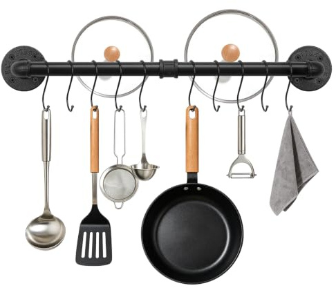Siyzda 24 Inch Industrial Pipe Pot Pan Rack, Heavy Duty Wall Mounted Hanging Rail with 10 Removable S Hooks, Space Saving Kitchen Organizer and Utensils Hanger for Cookware, Lids, Matte Black