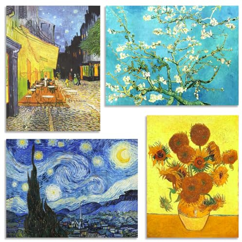 Fokenzary Kits Pintura de Diamantes 5D Adultos Kit Arte Diamantes DIY Principiantes Noche Estrelladay Girasoles Van Gogh Decoración Salón (4 Uds 30x40cm)