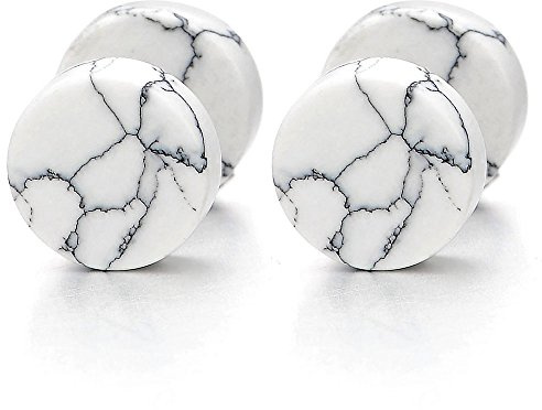 10MM Bianco Marmo Orecchini da Uomo Donna, Finto Dilatatore Fake Cheater Plug Gauges, Acciaio Inossidabile, 1 Paio