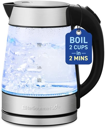 Elite Gourmet EKT-602 BPA-Free Electric Glass Kettle, Cordless 360° Base