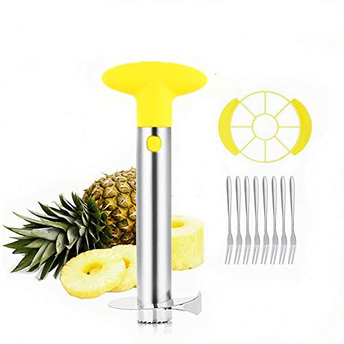 OITUGG Pelador de Piña: [3-en-1] Inoxidable Acero Cortador de Piña para Pelar y Rebanar y Quitar el Corazón de Piña - con 1 pcs Cuña de Piña & 8 pcs Frutas Tenedores - Include Garantía Un Año