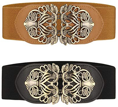 Ceinture large à taille élastique pour femme 2 pièces rétro Ceinture Élastique (Noir & Marron)
