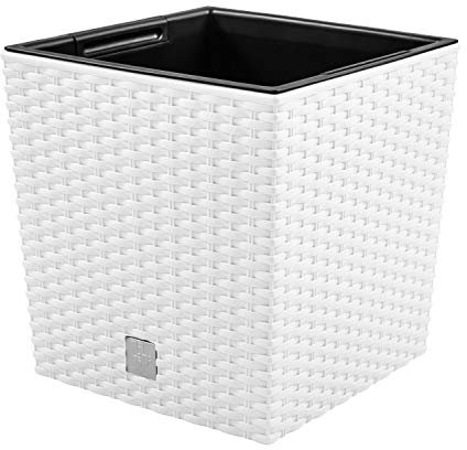 PAFEN Blumentopf RATTO Rattan-Optik Low Kunststoff Topf Blumenkübel inkl. Einsatz Übertopf weiß 32x32cm