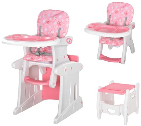 HOMCOM 2 in 1 Convertible Baby High Chair Toddler Table Chair Infant Feeding Seat Removable Food Tray Safety Harness Pink