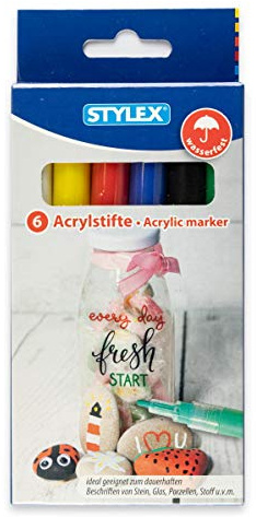 Stylex 32817 - Acrylstifte, 6 Stück, in den Farben gelb, rot, blau, grün, schwarz, weiß, Strichstärkte 1-2 mm, in praktischer Faltschachtel, zum dauerhaften Beschriften von Stein, Glas und Stoff