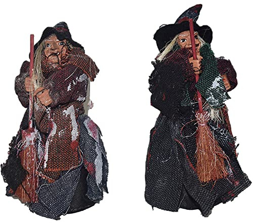 Set da 2 Befana Strega con Scopa Porta Doni addobbi Halloween Natale Bambini Decorazioni Natalizie Pupazzo Bambola Statua cm 18