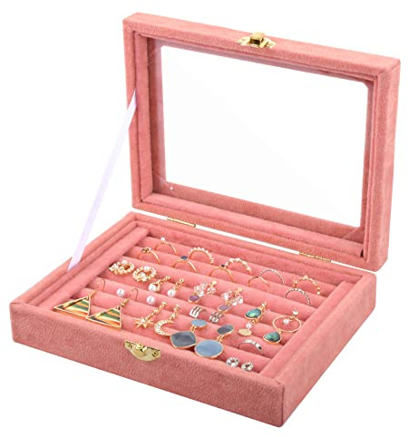 7 Slots Jewellery Box for Ring Earring, Velvet Jewelry Display Tray, Jewelry Storage Case Organiser with Clear Glass Lid for Women Girls Stud Earring Holder (15x20cm, Pink)