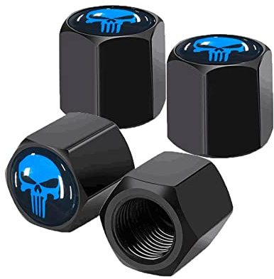 Ajxn Ventilkappen mit Totenkopf-Motiv, luftdicht, staubdicht, universal, für Autos, LKWs, Fahrräder, Autozubehör für Männer und Frauen, Blau, 4 Stück