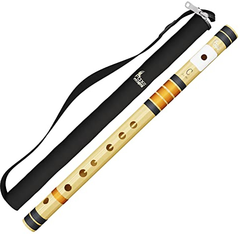 FOXIT MUSICAL Querflöten für Rechtshänder, C, natürlich, gestimmt mit Tanpura, A = 440 Hz, PVC-Faser, mit Tragetasche, natürliche Linkshänder, schwarze und goldene Fäden
