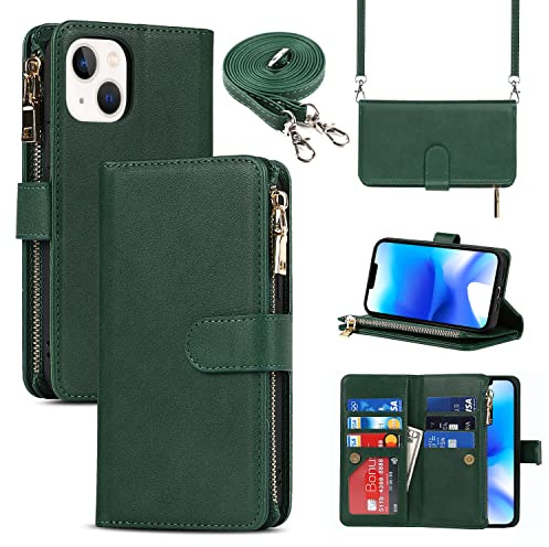 Cavor Compatible with iPhone 14 Case With Card Holder With Strap,Flip Leather Crossbody Women Wallet Case,[9 Card Holders][2 Lanyards],Cover Phone Case Compatible with iPhone 14 - Dark Green