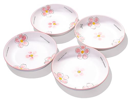Swlthwen Platos llanos de cerámica, platos japoneses de cerámica de 8 pulgadas, juego de 4 unidades, ciruela roja