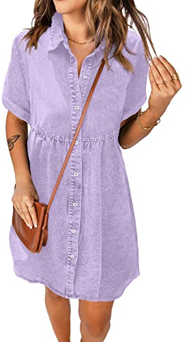 Roskiky Abito da donna casual manica corta bottone inferiore sfalsato denim babydoll jean, Lilla, L