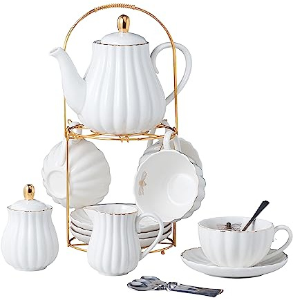 CLAY TONIC-- 8 OZ Fine China White Coffee Cup/Teacup Set, Cups & Saucer, with Teapot-Sugar Bowl-Cream Pitcher Teaspoons and tea strainer for Tea/Coffee,17-Pieces- Service for 4 (White)