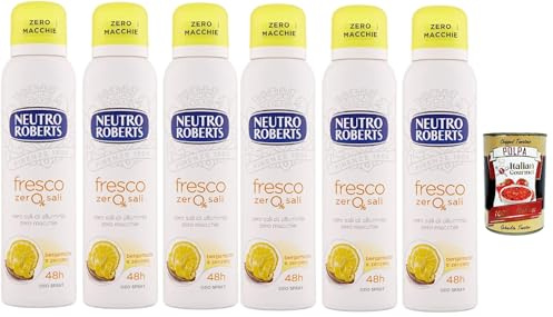 Italian Gourmet bundle für Neutro Roberts Deo Spray Fresco Zero Sali Bergamotto & Zenzero 6x150g, 48h Schutz, zero Macchie, sanft zur Haut + Italian Gourmet polpa