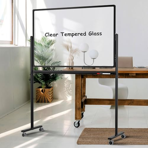 Tankee Rolling Whiteboard 48”x32” Clear Glass Dry Erase Board on Wheels