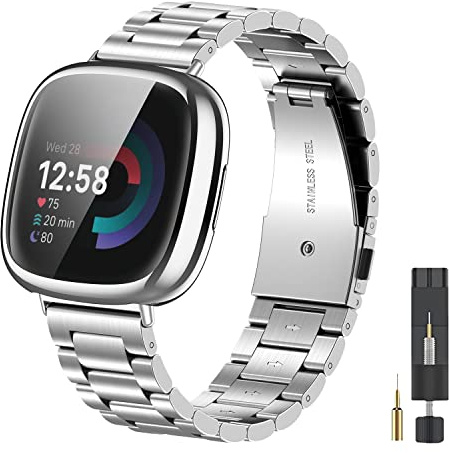 EZMVZKU Metall Armband und Cover für Fitbit Versa 4/Sense 2,Edelstahl Ersatzarmband Kompatibel mit Fitbit Sense 2/Versa 4 Uhrenarmband und Schutzhülle