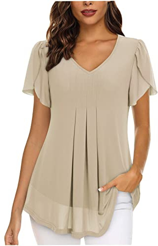 Camiseta Manga Corta Mujer Verano 2026 Moda Gasa Color sólido Camisa Volantes Blusa Cuello en V Plisada Camiseta Elegant Suelto Basic Tops Casual Fiesta Cómodo T-Shirt Original tee Playa