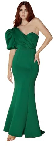 Jarlo London Genevieve One Shoulder Exaggerated Puff Sleeve Scuba Maxi klänning, smaragdgrön, UK 14, Smaragdgrönt, 40 SE