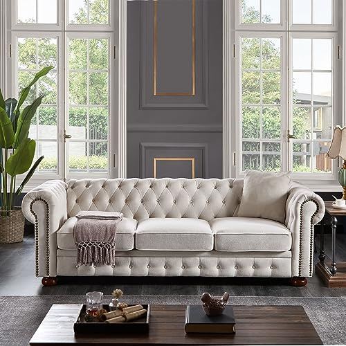 KEVINSPACE 88.5 Modern Sofa Couch for Living Room, 3 Seater SectionalSofa Couch Comfy Linen FabricSofa Button Tufted Cushions, Rolled Arms, Wood Legs, Chesterfield Sofa for Small Spaces Beige