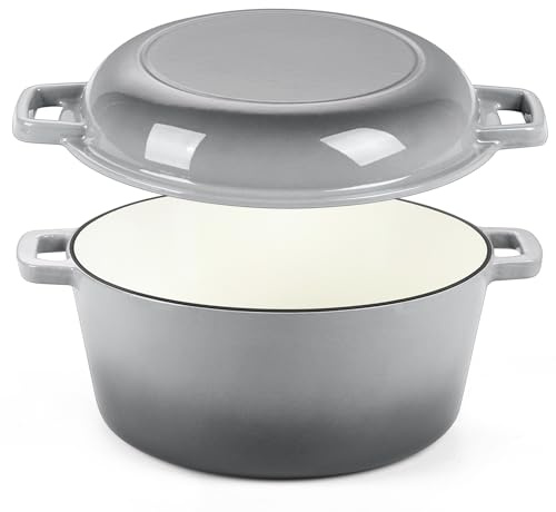 Grey Enameled Cast Iron Dutch Oven for Bread Baking, P&P CHEF 5Qt 2-in-1 Round Dutch Oven Pot with Lid Set, Skillet & Pot for Roasting Baking Braising Frying Simmering, Multi Stoves & Oven Safe