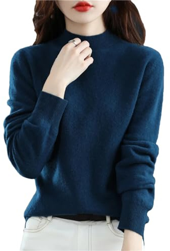 Höst vinter 100 % merinoull tröjor dam långärmad halv polokrage jumper stickad kashmir pullover, marinblå, M