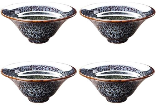 Teetasse Teeschale Chinesisch JianZhan 4-teiliges Set Chinesisches Klassisches Blaues Unregelmäßiges Glasurmuster Tee-Tasse, Kleines Handgefertigtes Porzellan Teebecher