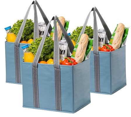 VENO 3 Pack Reusable Grocery Bag, Shopping Cart Bag, Trunk Organizer, Storage Box, Heavy Duty Tote, Hard Bottom, Stands Upright, Collapsible, Water-Resistant, Large Size (Light Blue - Set of 3)