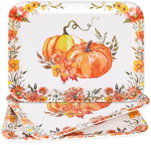 JarThenaAMCS 3Pcs Fall Serving Trays Reusable Watercolor Pumpkin Flower Platter Vintage Autumn Serving Dishes for Thanksgiving Sharing Snacks Fruit Dessert Candy